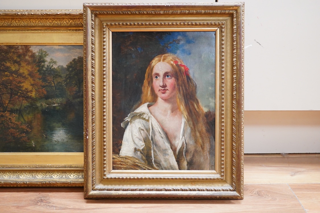 Victorian School, 'Homewell, Bramshott, Hants', monogrammed 'EL' and dated 1888, oil on canvas, together with another 19th century oil of a woman holding a sheaf of corn, unsigned, largest 24 x 34cm